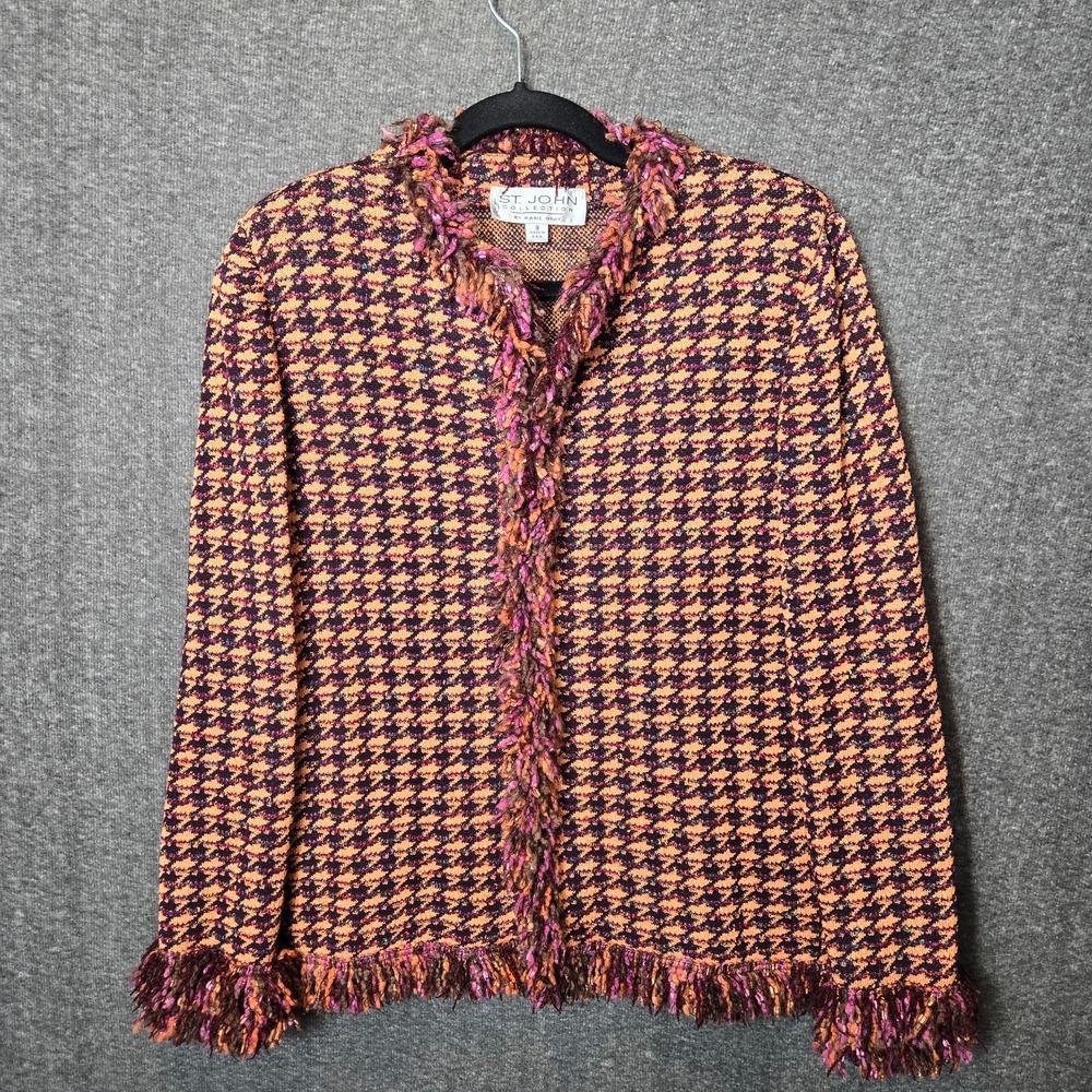 St John Collection Jacket Women Sz‎ 8 Houndstooth Tweed Fringe Hook Closure USA